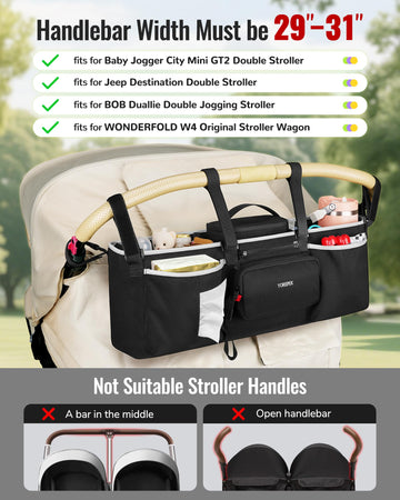 Yorepek Heavy Duty Double Stroller Organizer For Bob Duallie, Baby Jogger City Mini Gt2 And Jeep,Stroller Caddy With Detachable
