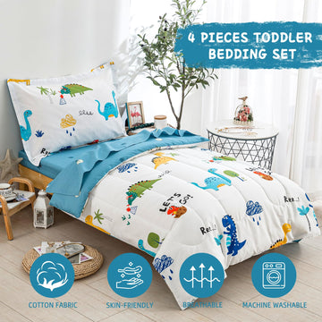 Djy Cotton Toddler Bedding Set For Boys Girls, 4 Pieces Dinosaur Toddler Bed Comforter Set, Includes Quilted Comforter, Flat She