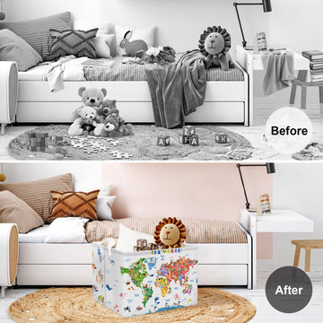 Clastyle Back To School World Map Storage Bin Alphabet Animals Baby Gift Basket Playroom Nursery Kid Toy Basket Organizer Rectan