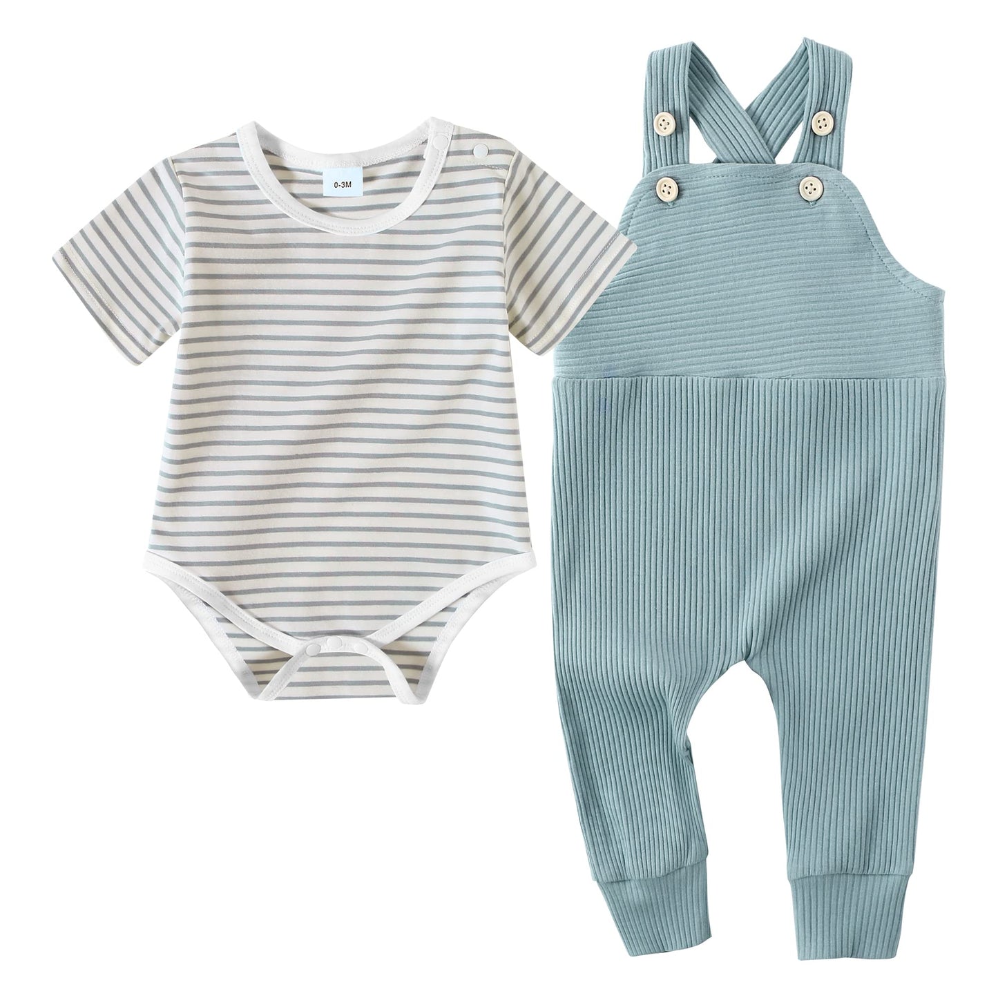Yuemion Newborn Baby Boy Clothes,2Pcs Infant Boy Romper Bodysuit Spring/Summer Stripe Outfits +Bib Overall Pants(3-6 Month)