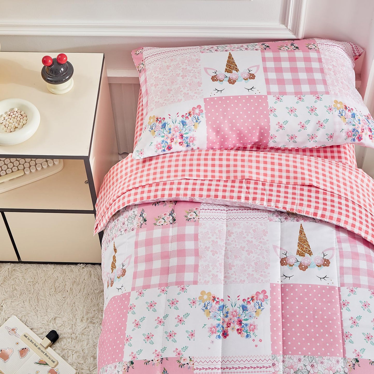 Joyreap 4 Piece Toddler Bedding Set For Girls- Pink Butterflies N Flowers Patchwork Toddler Comforter Set, Includes Quilted Comf