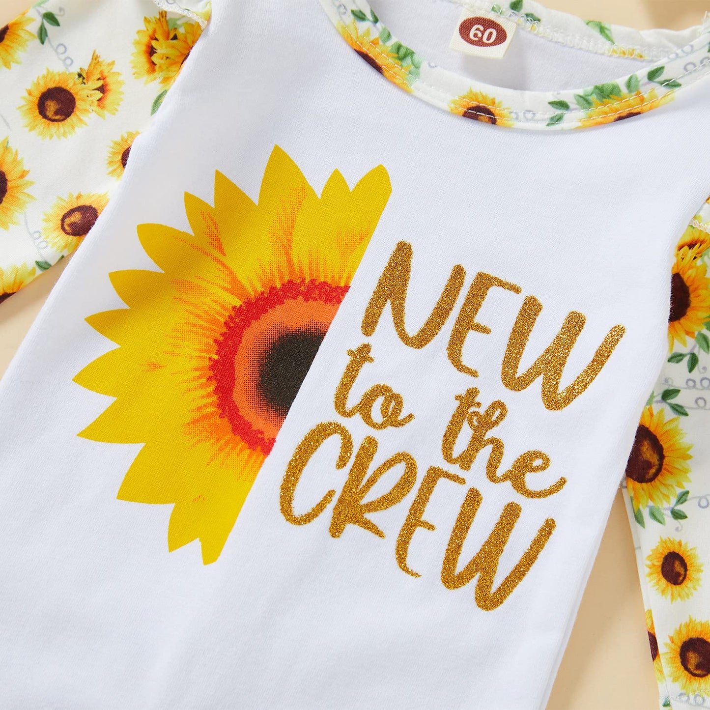 Grnshts Newborn Baby Girl Romper Infant Letter Print Bodysuit Sunflower Jumpsuit+Hat+Headband+Gloves Coming Home Clothes Outfits