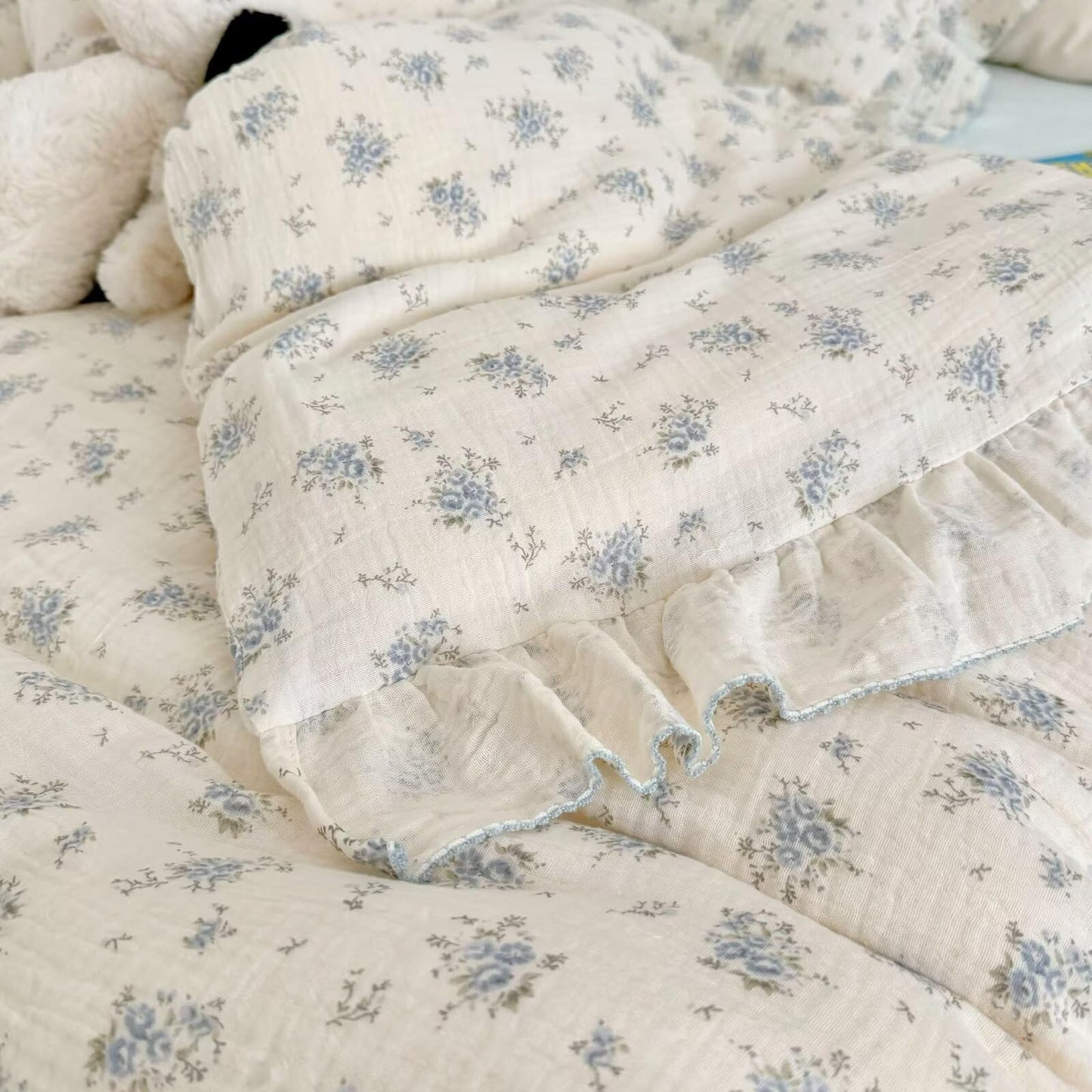 Bulutu Muslin Cotton Kids Duvet Cover With Ruffles For Toddler Bed/Crib Comforter/Quilt Cover Shabby Chic Blue Freesia Print Tod