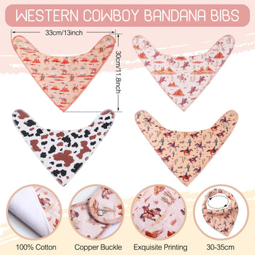 Vitalcozy 4 Pcs Western Cowboy Baby Bandana Bibs Newborn Infant Feeding Drool Bibs Wild West Cotton Bib For Drooling And Teethin