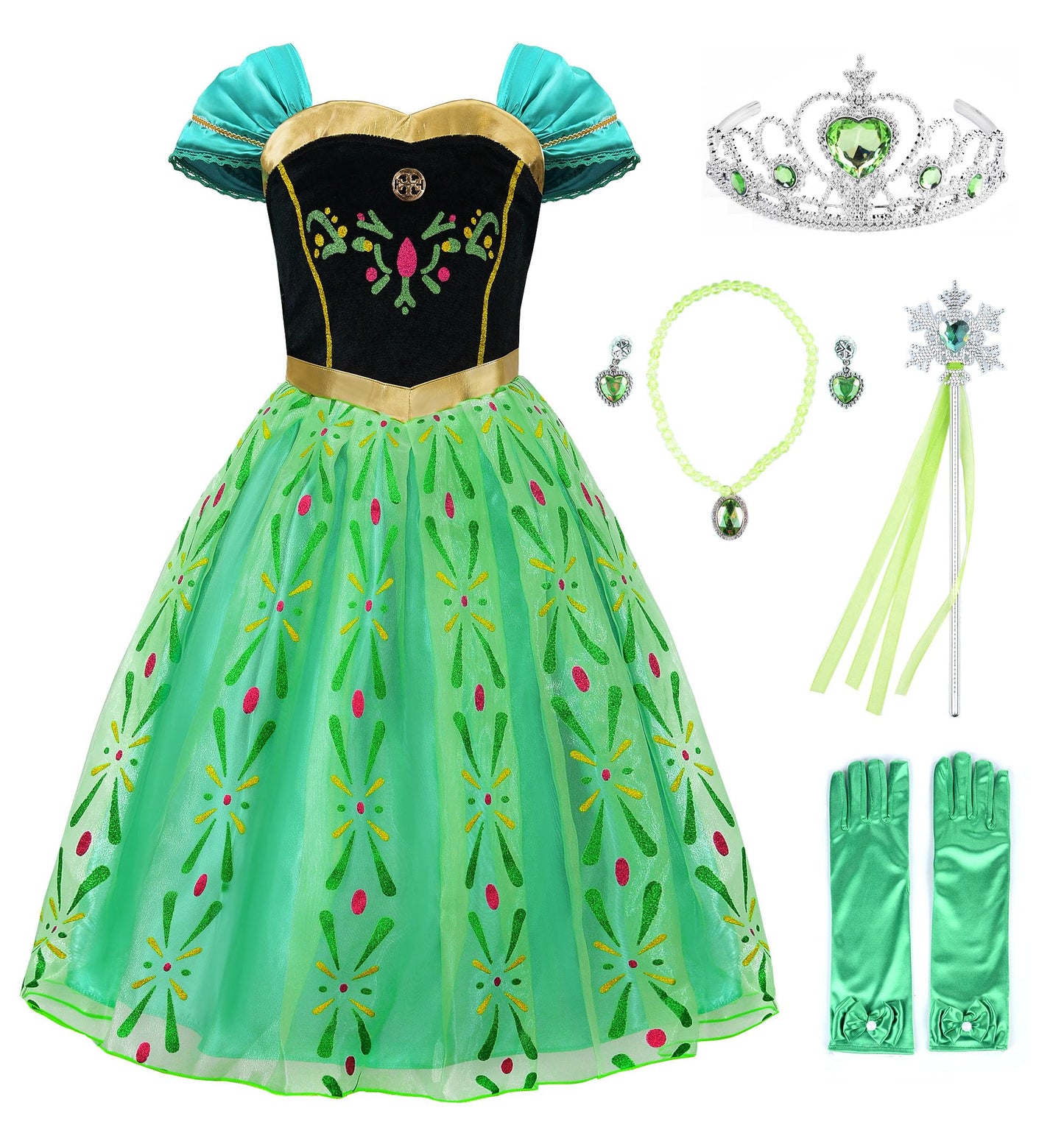 JerrisApparel Girls Princess Costume Snow Party Halloween Cosplay Fancy Dress (3T, Green with Accessories)
