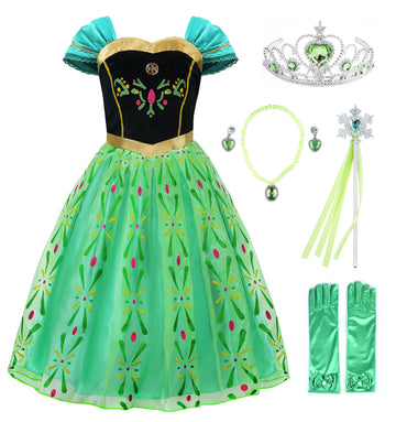 Jerrisapparel Girls Princess Costume Snow Party Halloween Cosplay Fancy Dress (5, Green With Accessories)