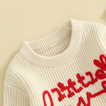 My First Valentines Day Baby Girl Outfit Baby Valentines Day Sweater Love Embroidery Knit Pullover Sweatshirt Top(E-Beige Little