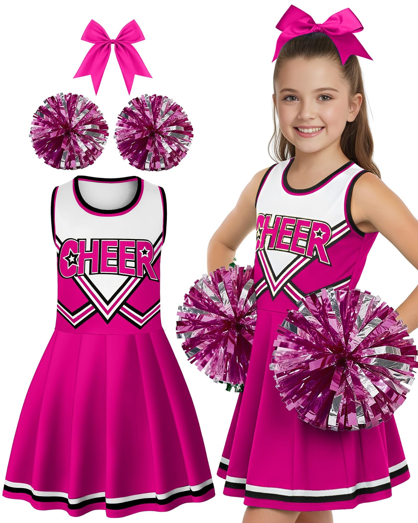 JenPen Cheerleader Costume Cheerleading Outfit Dress Cheer Uniform with Bow Halloween Dress up Gifts(3-5 Years,Rose)