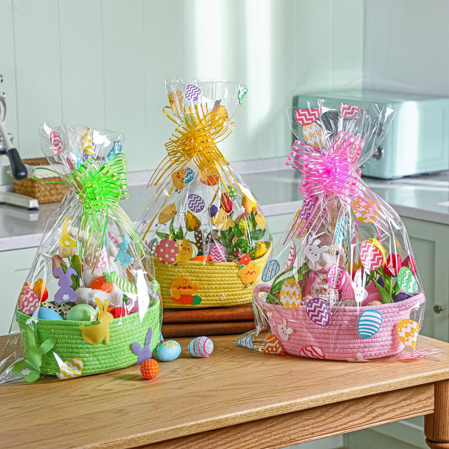 Teenyyou 3 Sets Easter Woven Baskets With Cellophane Gift Bags Bows 12 X 9 X 5 Inch Easter Gift Bags Empty Bunny Eggs Rope Baske
