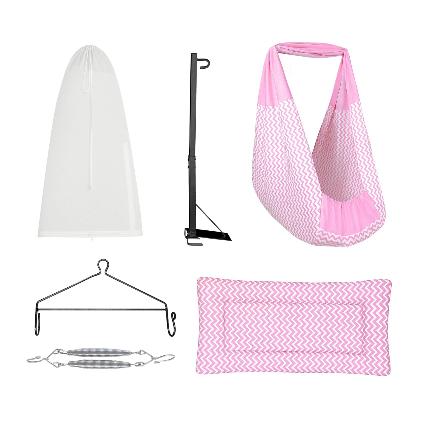 Zivara Baby Set | Pure Cotton Cloth, Removal Pad, Mosquito Net, Spring, Triangle And Window Hanger | Fs (Pink)