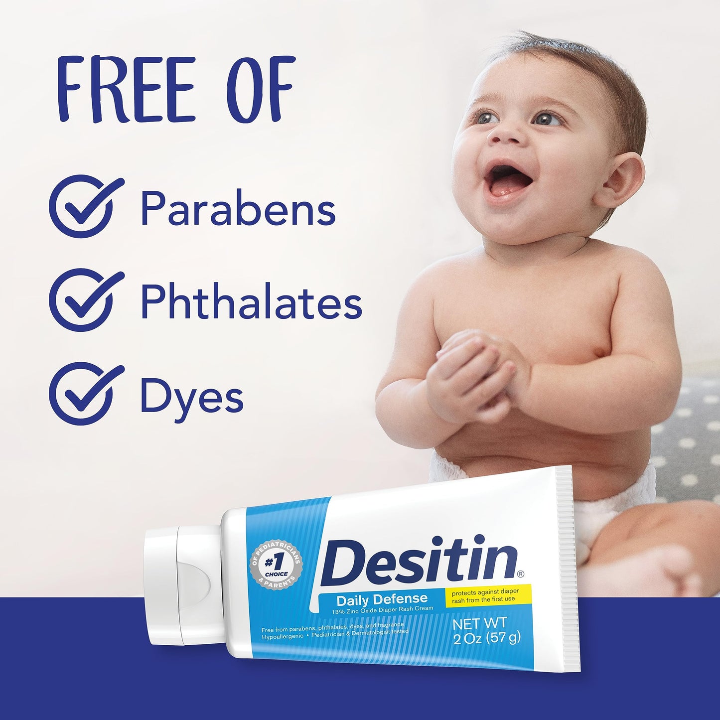 Desitin Daily Defense Baby Diaper Rash Cream With Zinc Oxide To Treat, Relieve & Prevent Diaper Rash, Hypoallergenic, Dye-, Phth
