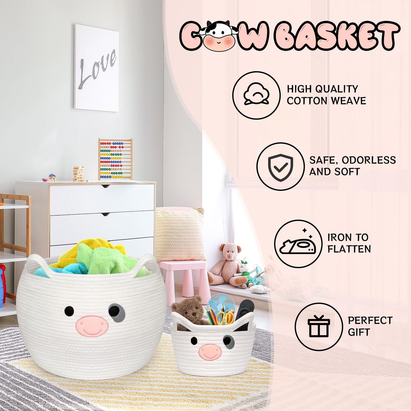Baby Basket Toy Storage 2 Pack, Cow Woven Cotton Rope Storage Basket, Cute Toy Basket With Handle, Laundry Basket Organizer For