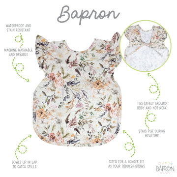 Bapronbaby Flutter Delilah Floral Bapron - No Neck Tie Safer Bib For Baby & Toddler - Soft Waterproof Stain Resistant - Machine
