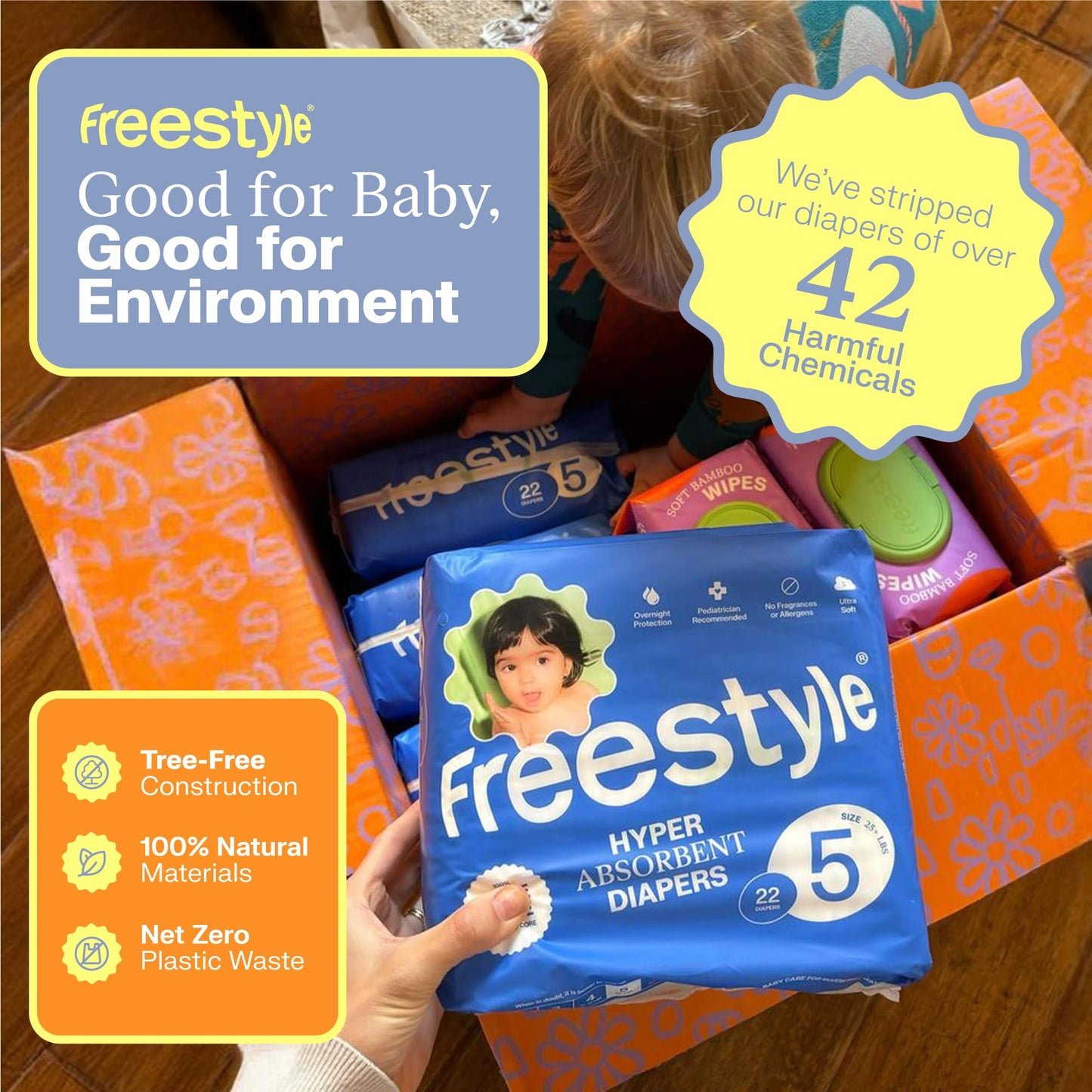Freestyle Diapers - (Size 2) Hyper Absorbent & Non-Toxic - Disposable Diapers For Sensitive Skin - Ultra Soft Diapers (12-18 Lbs