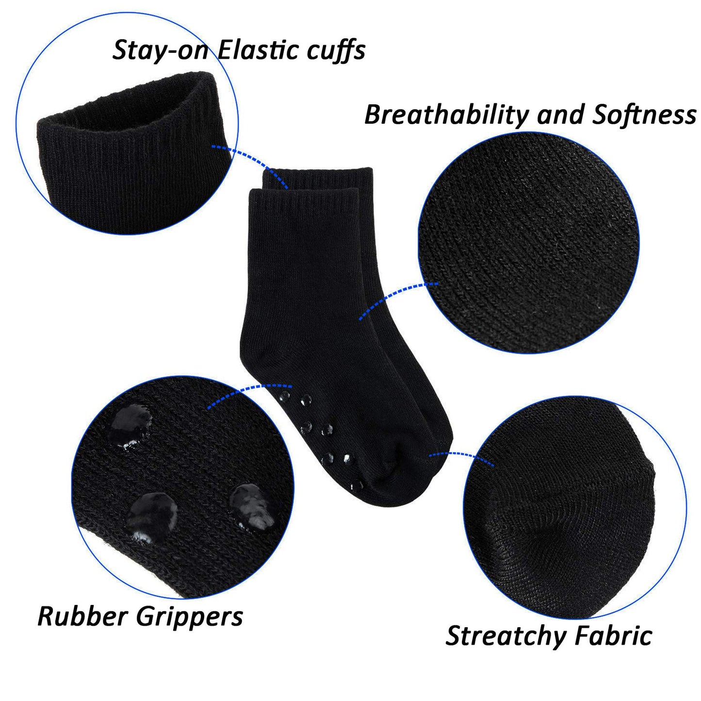 Tenpluszero 12 Pairs Non Slip Toddler Socks Crew Socks With Grips For Baby Boys Girls (Black, 1T/2T)