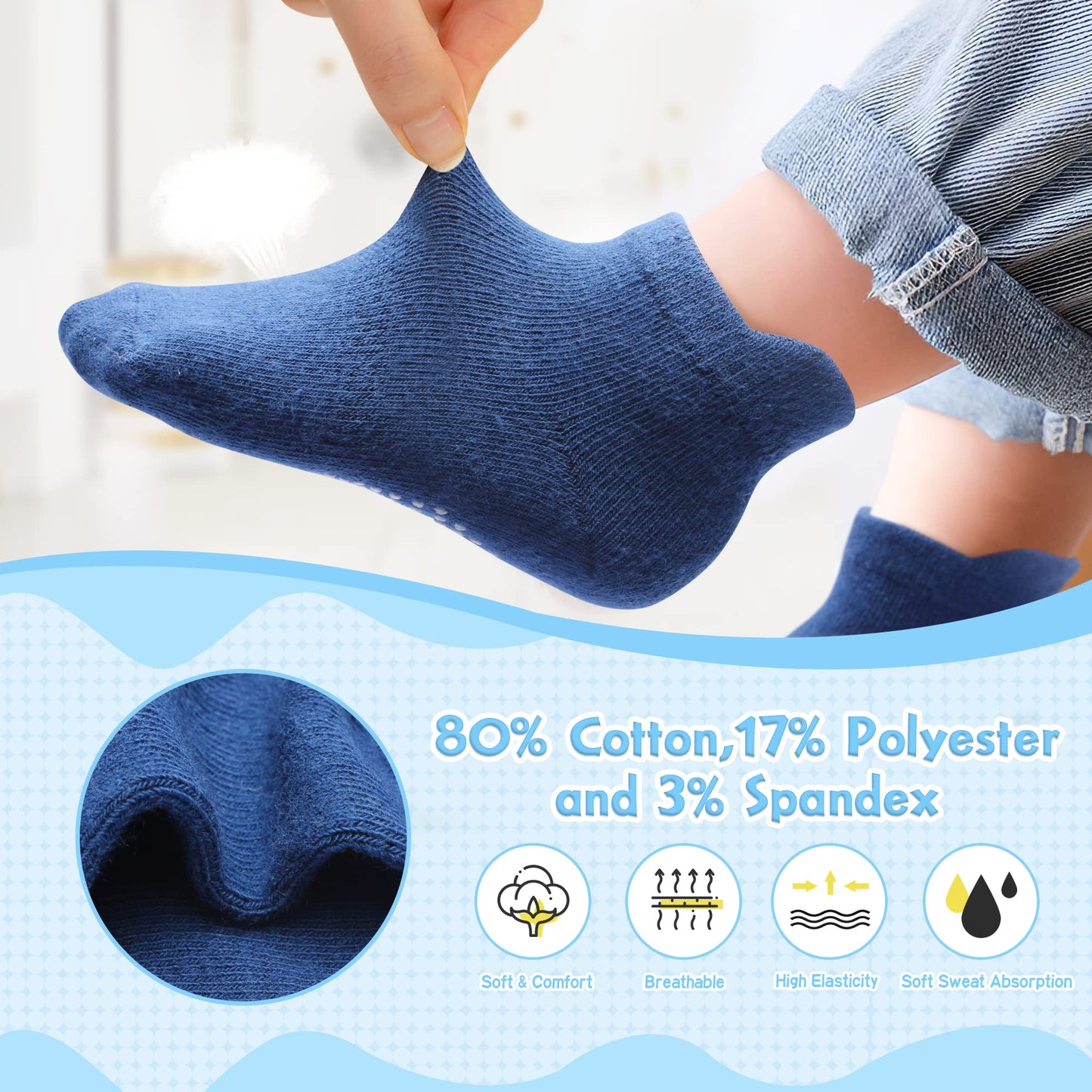 Hyzgb Toddler Socks Boys With Non Slip Grips 3T-4T-5T 12 Pairs Cotton Ankle Gripper Socks For Toddler Little Kids 3-4-5 Years Ol
