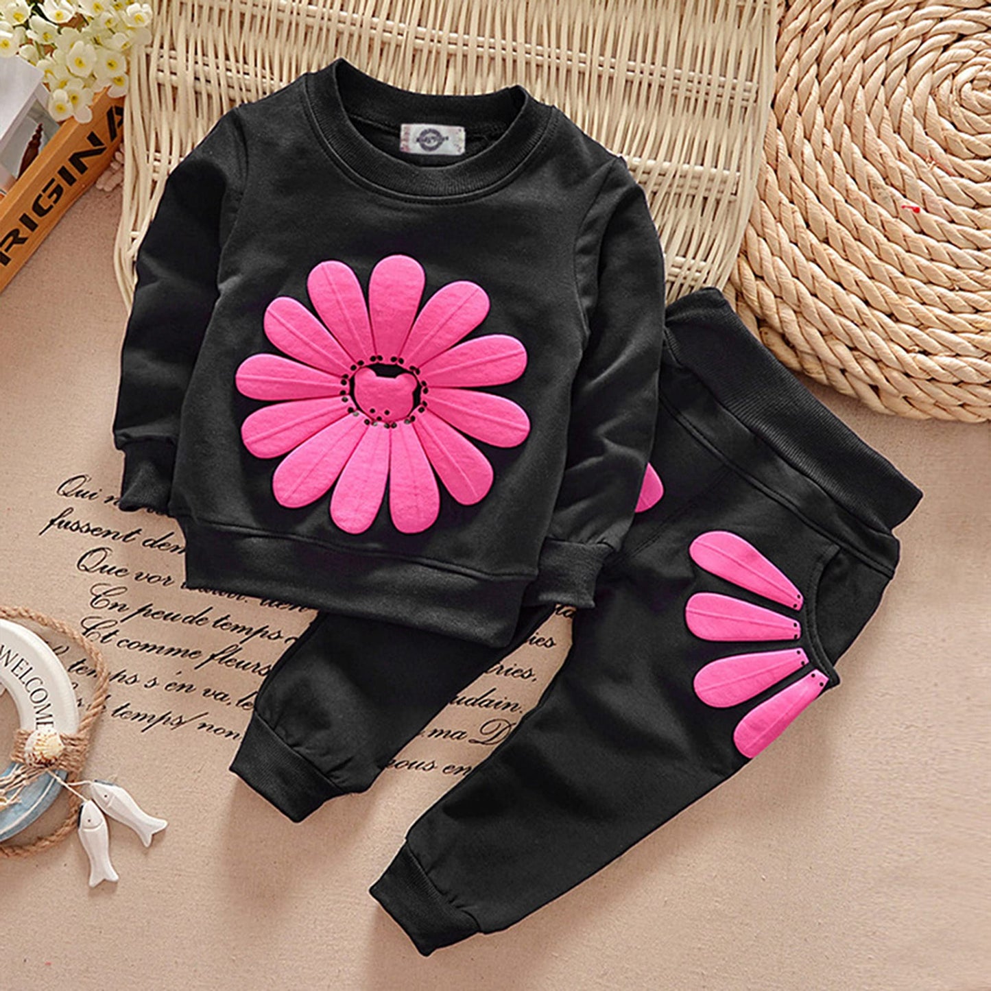Toddler Baby Girls Sunflower Clothes Set Long Sleeve Top And Pants 2Pcs Outfits Fall Clothes (Black,Age 2T)