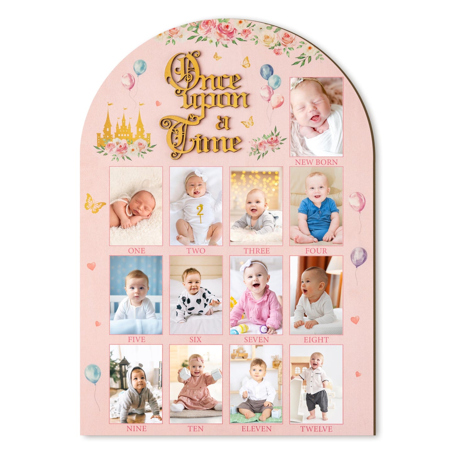R HORSE My First Year Photo Display Wood Board - 3D Princess Baby s First Year Picture Frame, 12 Months Fairytale Castle Milest