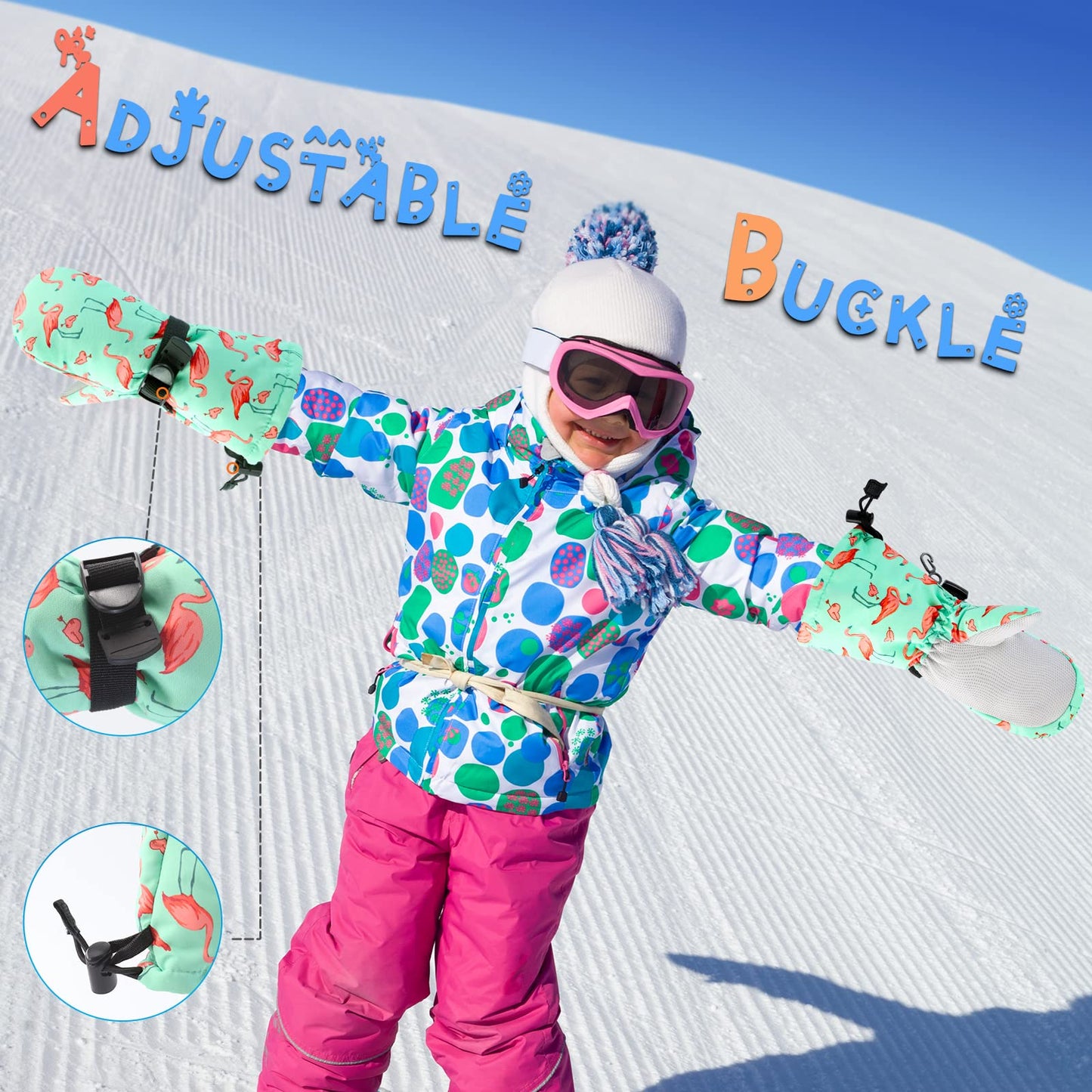Bavst Winter Kids Waterproof Gloves For Boys Girls Snow Ski Toddler Baby Mittens Outdoor For Infant Teens 1-5T (Flamingo, M)