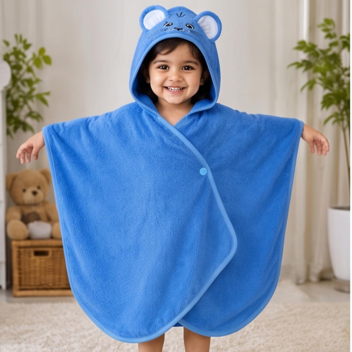 Parish Handlooms Kids Hooded Bath Towel Poncho, Blue Cat Animal Design