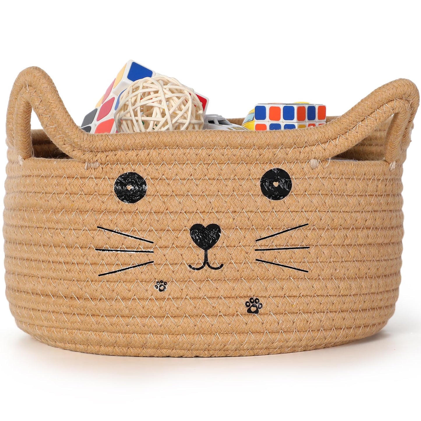 Zopeal Cat Basket Storage Woven Organizer with Ears Christmas Decorative Pet Toy Cute Cotton Rope Basket for Gift Cat Dog Toy Bi