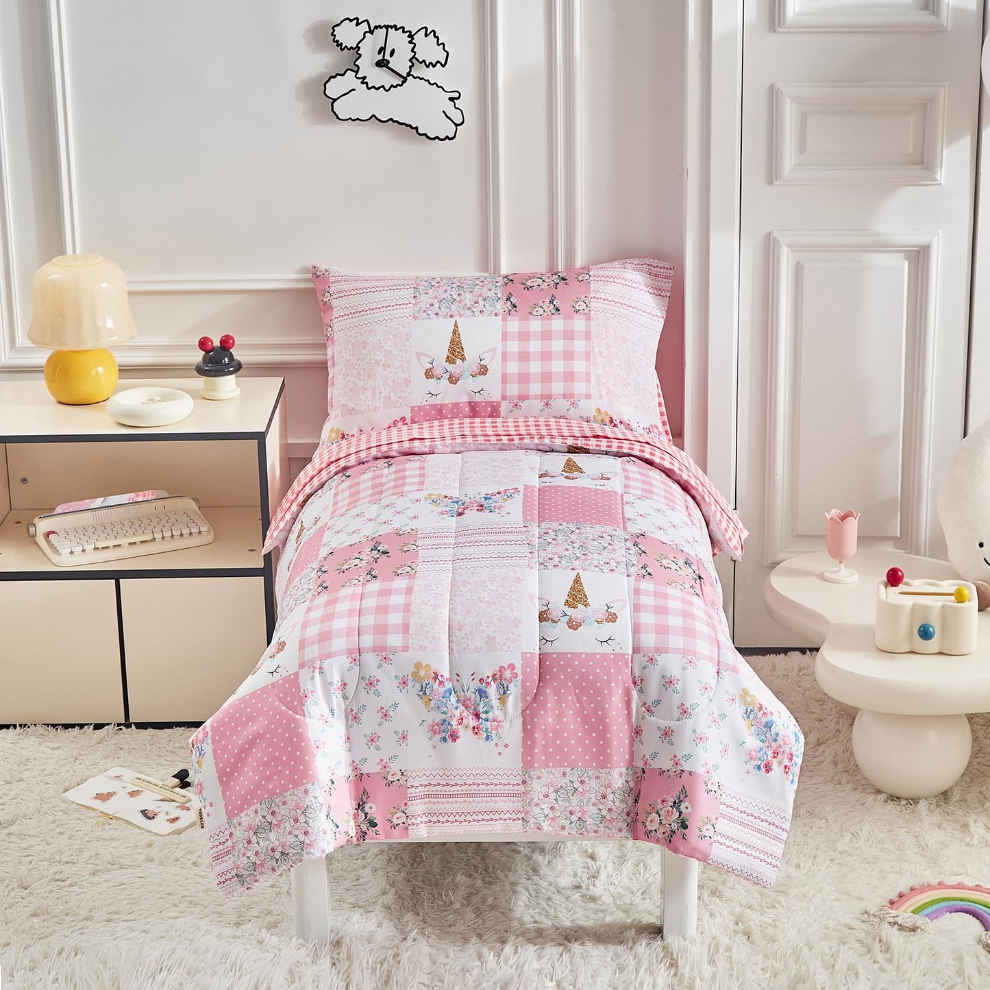 Joyreap 4 Piece Toddler Bedding Set For Girls- Pink Butterflies N Flowers Patchwork Toddler Comforter Set, Includes Quilted Comf