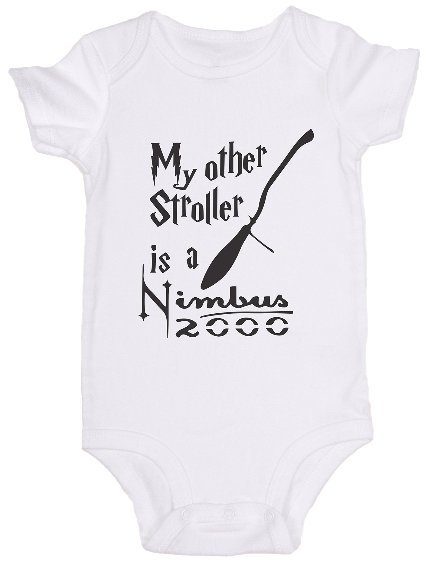 Jovigear My Other Stroller Is A Nimbus 2000' / Harry Potter Cute Baby Onesie Spell Bodysuit Romper (12M, White)