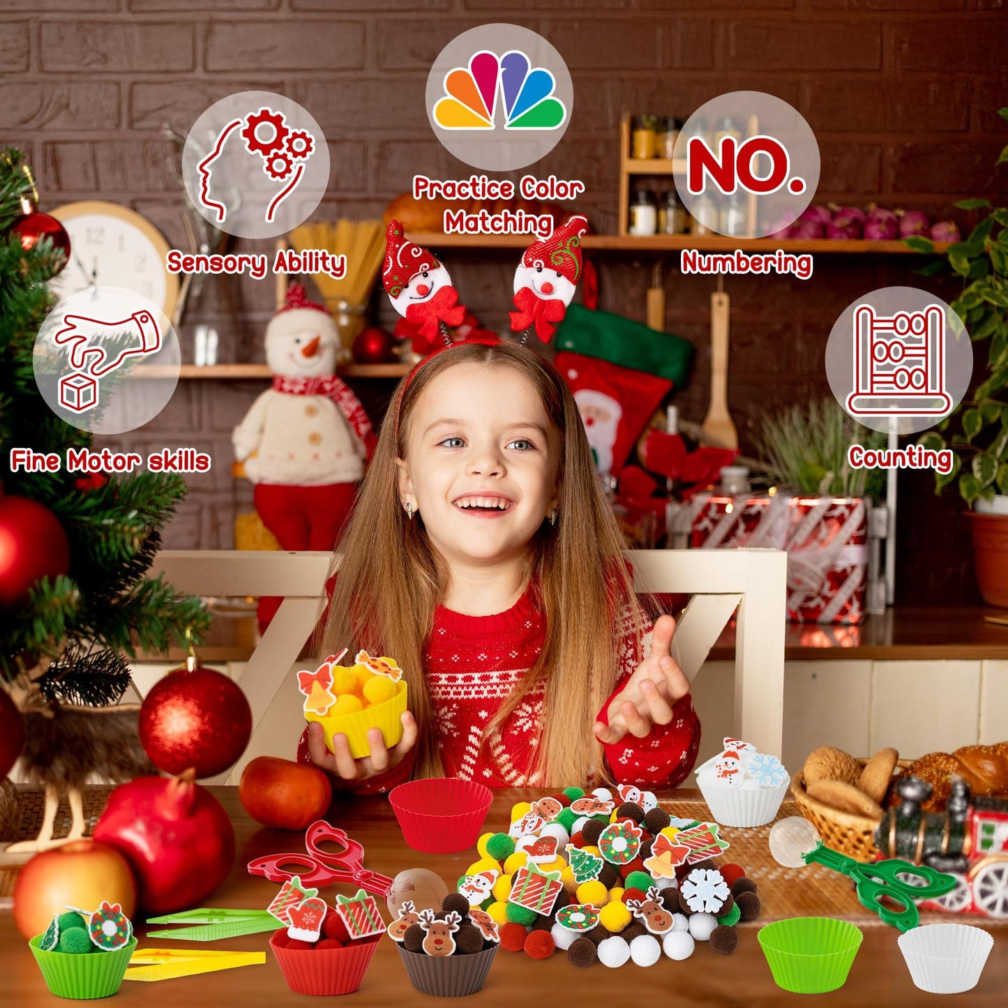 FFyhiinski Christmas Sensory Bin Fillers - 266Pcs Christmas Wintert Fine Motor Toys Counting Sorting Toys for Kids, Felt Xmas Tr