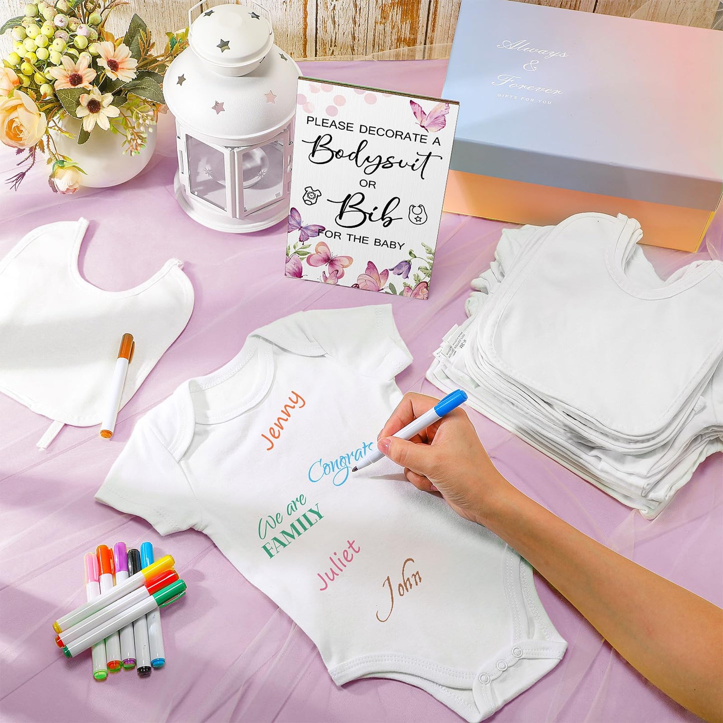 Roowest 35 Pcs Baby Shower Bibs Games Design Wooden Baby Shower Party Game Sign Diy Bodysuit Sign 15 White Blank Feeder Bibs 9 N