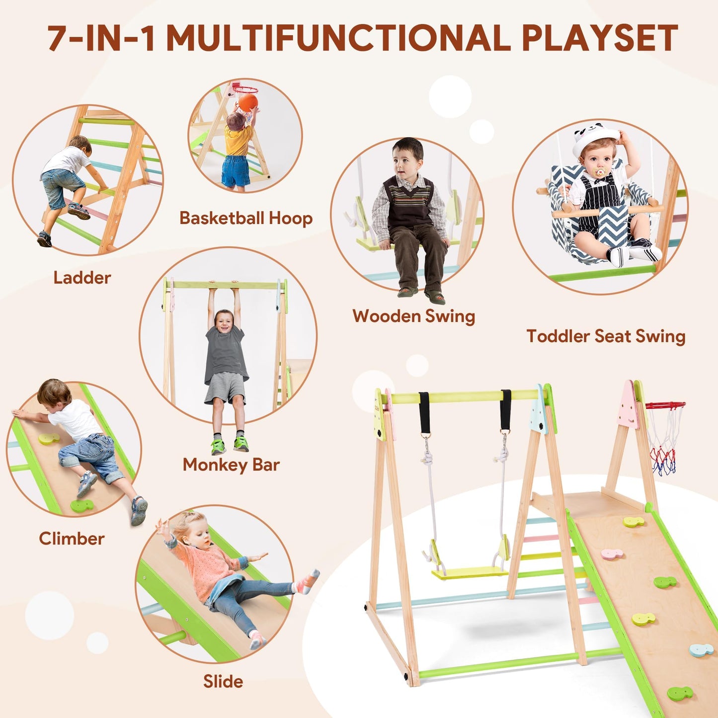 Cozibb 7 In 1 Indoor Jungle Gym For Kids, Foldable Toddler Indoor Playground With Slide, Beechwood & Baby Swing, Climbing Wall &