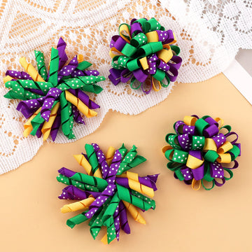 Mardi Gras Korker Hair Bows 3'' Girls Curly Corker Bow Alligator Clips Purple Yellow Green Grosgrain Ribbon Fireworks Flowerball