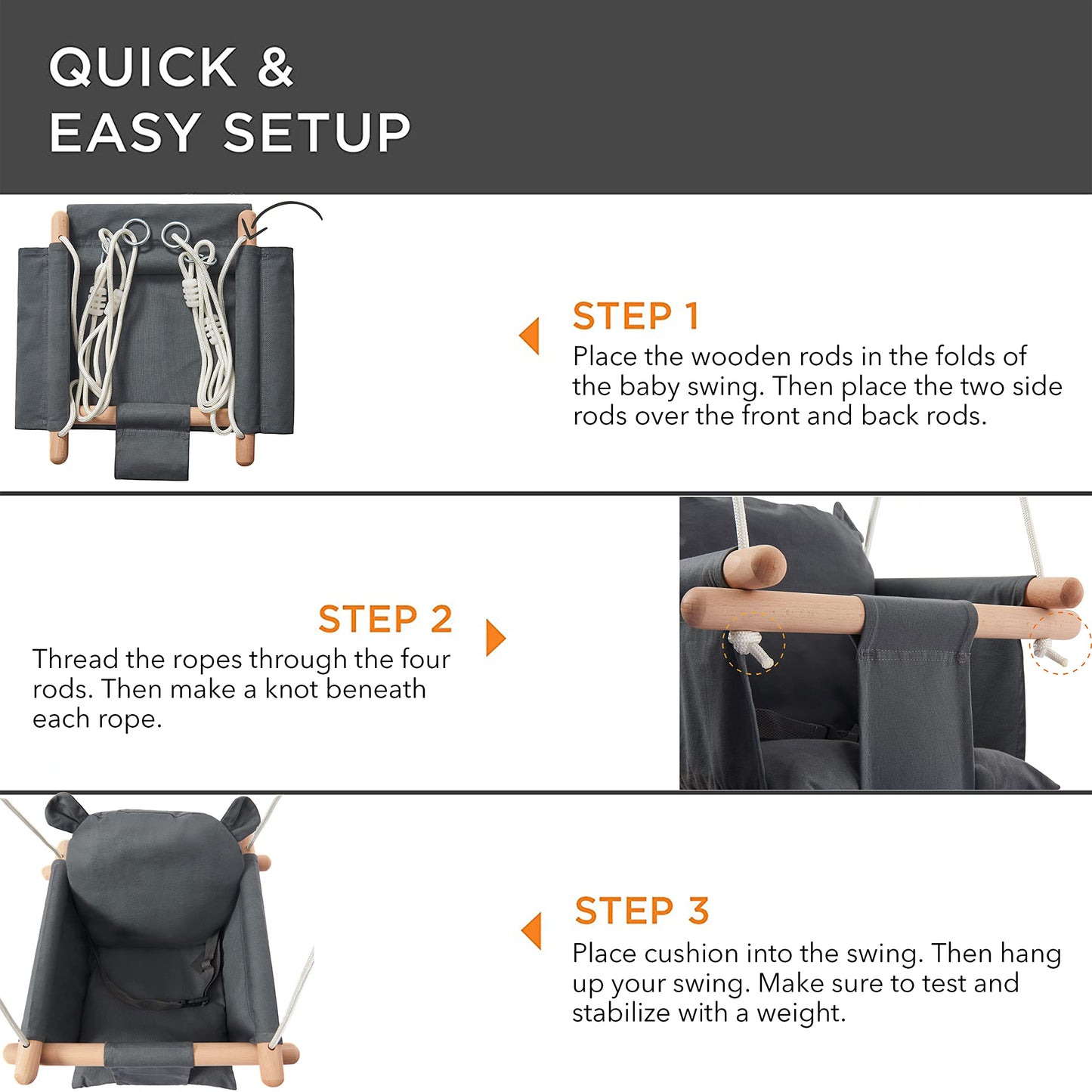 Secure Baby Swing Seat With Safety Belt - Baby Canvas And Wooden Swing Chair With Ear D  Cor Cushion - Hanging Indoor Swing For