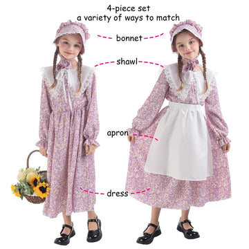 Ltakk Prairie Dresses For Girls Pioneer Colonial Costume Girl Pilgrim Dress With Shawl, Apron And Bonnet, Violet, Medium