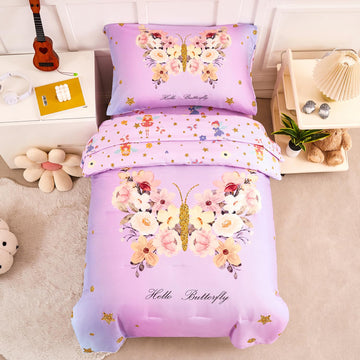 Perfemet Pink Girls Toddler Bedding Set 4 Piece Floral Butterfly Printed Toddler Comforter Set With Sheets Soft Lightweight Tie