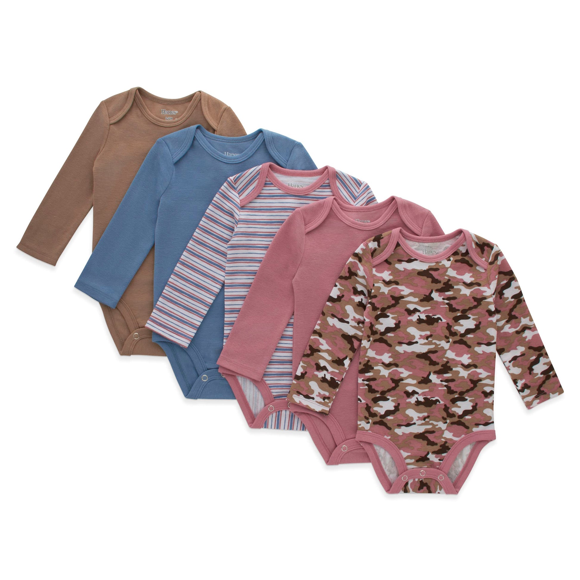 Hanes Unisex Baby Long Sleeve Bodysuit, Ultimate Flexy Boys & Girls, 5-Pack, Dusty Tan/Blue/Pink, 12-18 Months Us