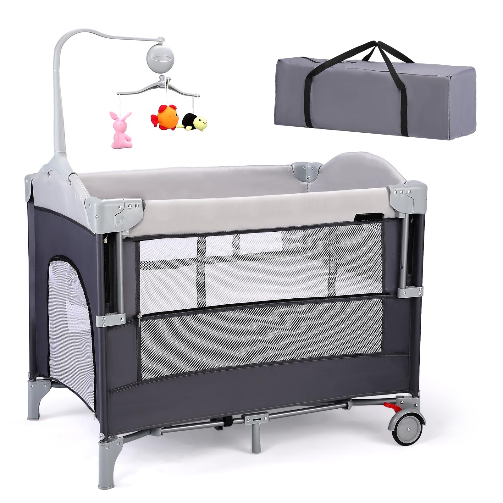 Joymor 4 In 1 Pack And Play, Baby Bedside Bassinet, Sturdy Play Yard With Padded Mat And Toy Bar With Soft Toys