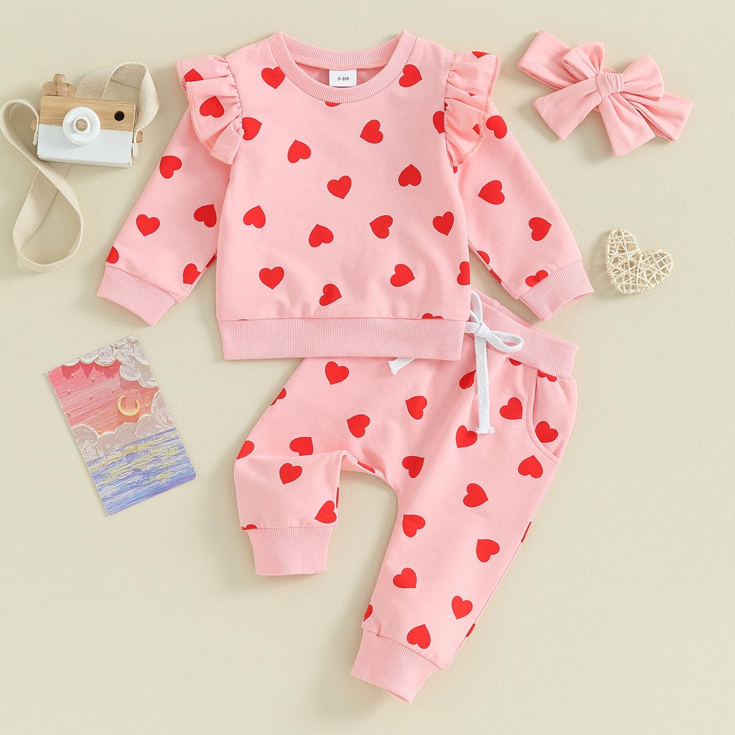 Toddler Baby Girl Valentines Day Outfit Infant Red Heart Clothes Newborn Sweatshirt Pants Headband 3Pcs Set (U Full Red Heart Pr