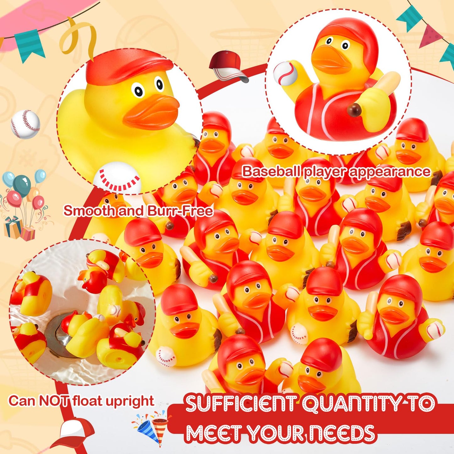 DEEKIN 48 Pcs Baseball Player Rubber Ducks 2 Inch Middle Baseball Theme Party Favors for Team Gift Decoration Yellow Rubber Duck
