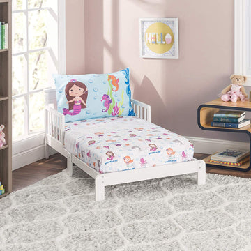 Everyday Kids 3-Piece Toddler Fitted Sheet, Flat Sheet And Pillowcase Set - Mermaids Undersea Adventures - Soft Breathable Micro