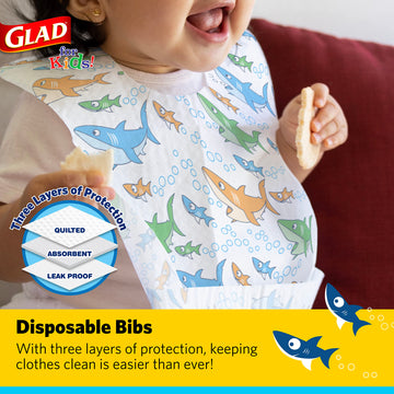 Glad For Kids Shark Disposable Paper Bibs With Crumb Catcher For Feeding - Absorbent And Leakproof Eating And Travel Essentials