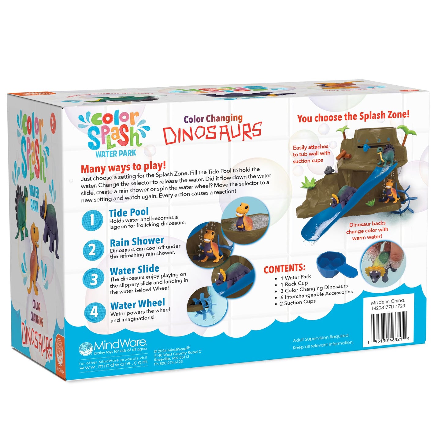 MindWare Dinosaur Color Splash Water Park Bathtub Playset - Interactive Bath Toys with Color Changing Dinosaur Figures - Gift fo