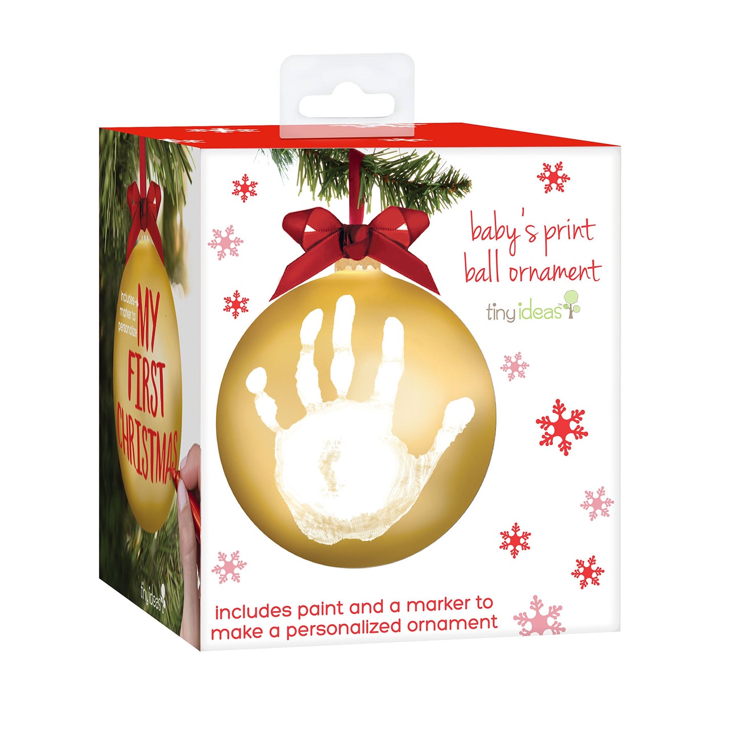 Tiny Ideas Baby'S Print 1St Holiday Keepsake Ball Ornament With Included Paint For Handprint, Diy Christmas Ornament, Gold