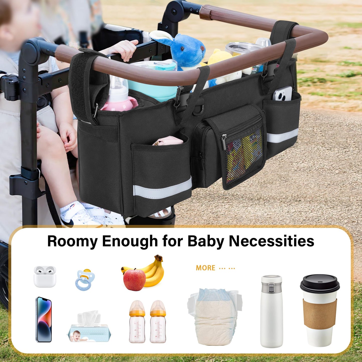 Graoso Parent Console Stroller Organizer Compatible With Wonderfold W4, With Four Insulated Cup Holders, A Removable Cooler Bag,