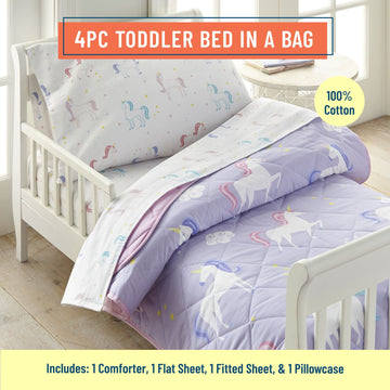 Wildkin 100% Cotton 4 Piece Toddler Bed-In-A-Bag For Boys & Girls, Bedding Set Includes Comforter, Flat Sheet, Fitted Sheet & Pi