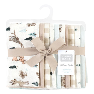 Hudson Baby Unisex Baby Cotton Flannel Burp Cloths, Boy Woodland Pals 10-Pack, One Size