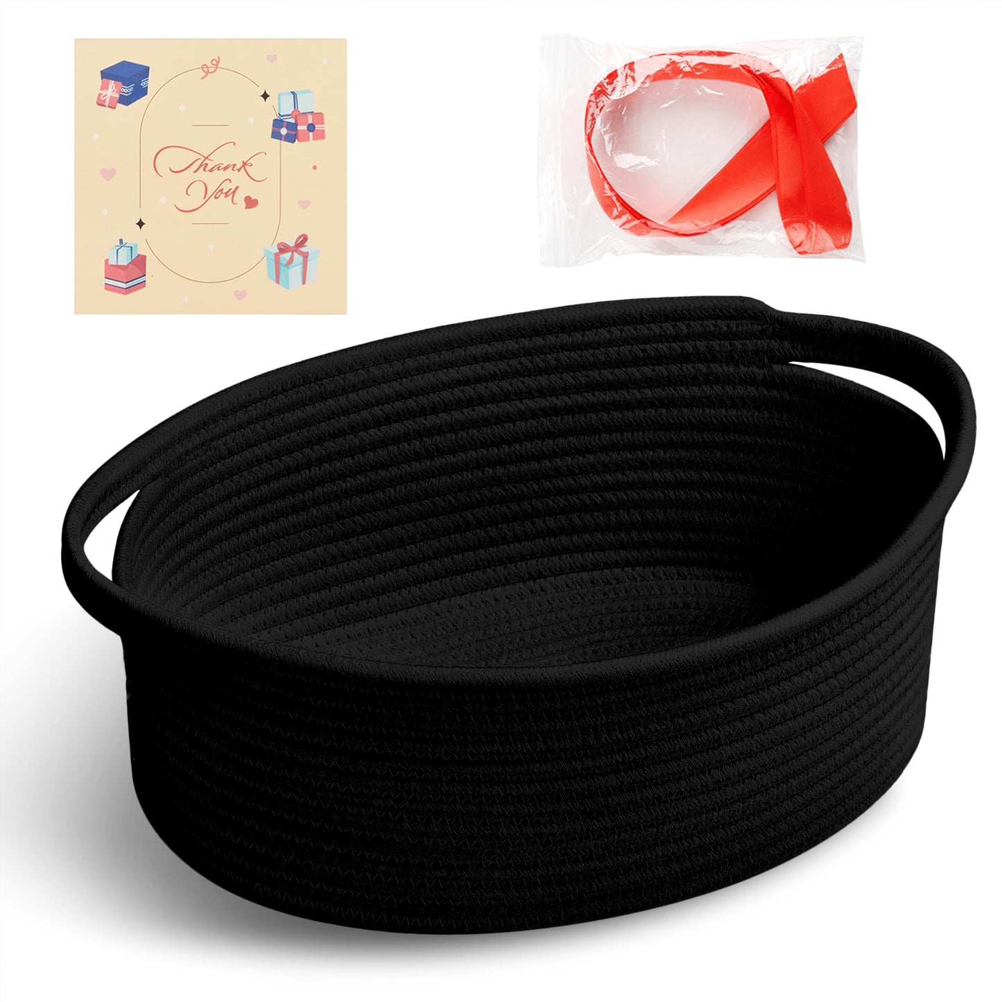 Bufims Small Woven Black Gifts Basket for Storage Empty with Ribbons and Bags Durable Cute Gifts 12X 8 X 5 Small Rope Basket for