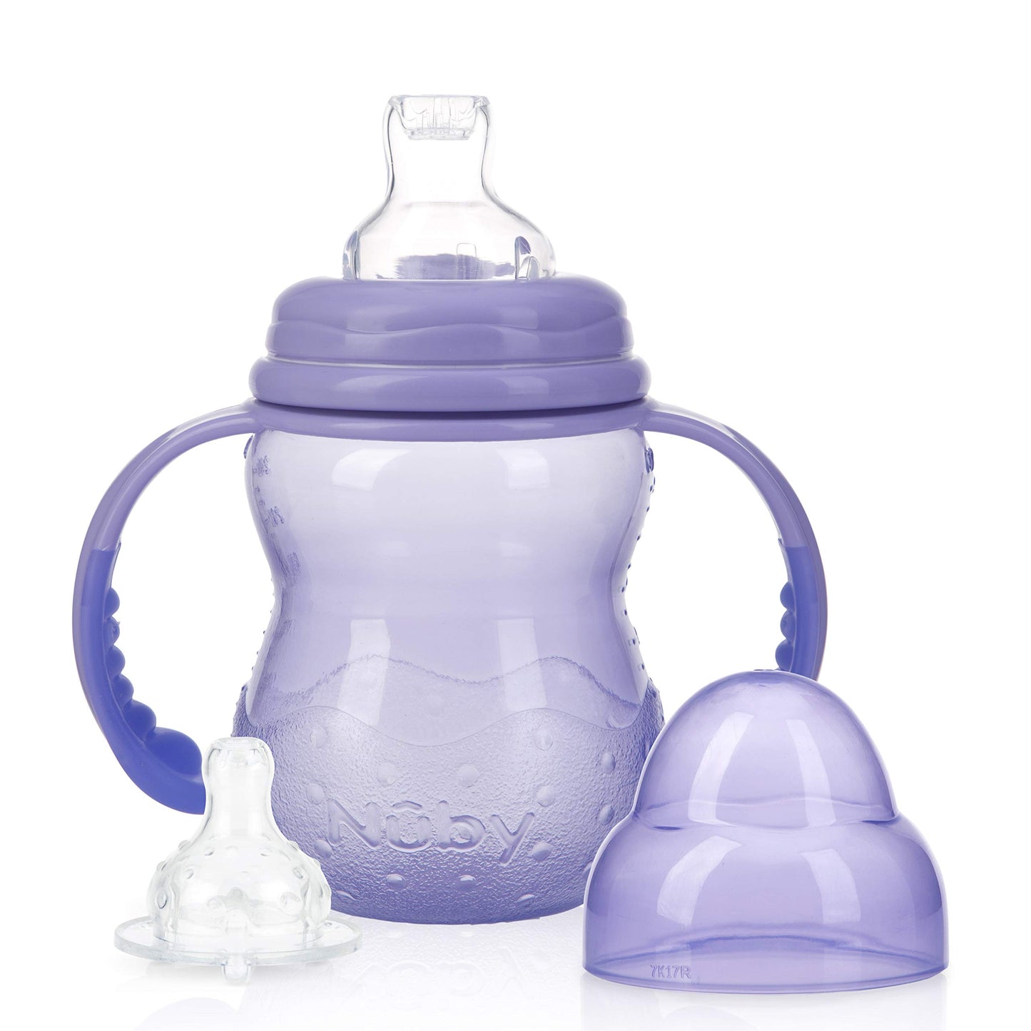 Nuby 3-Stage Wide Neck No Spill Bottle With Handles And Non-Drip Juice Spout, 3 Months, 8 Ounce, Purple