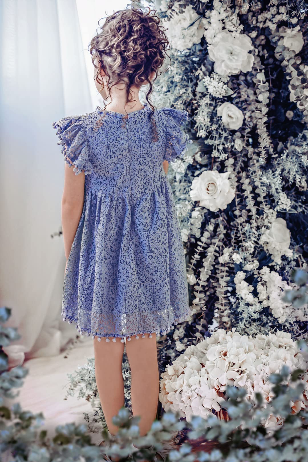 2Bunnies Girl Baby Toddler Vintage Lace Pom Pom Flutter Sleeve Easter Birthday Outfit Dress (Dusty Blue, 6M)