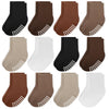 Jakidar 12 Pack Baby Socks Cotton Crew Toddler Socks Grips Non Slip Bottom Kids Socks, Khaki Dark Brown Latte Color 12-24M