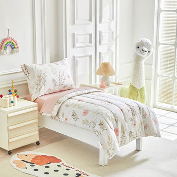 Joyreap 4 Piece Cotton Toddler Bedding Set For Girls, Pink Flowers Reversible Design, Soft Breathable Cotton Toddler Comforter S